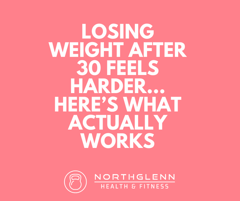 Graphic from Northglenn Health and Fitness that says: ‘Losing weight after 30 feels harder… here’s what actually works